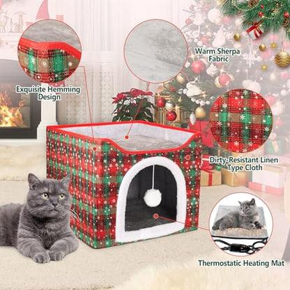 Heated Cat Bed for Indoor Cats, Foldable Cat House with Removable Heating Pad for Cats Small Dog Covered Cat Bed Cave Kitty Hideaway with with Scratch Pad, All Season Use