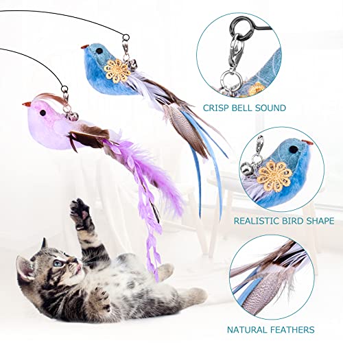 Cat Toys Wand, Interactive Cat Toy with Super Suction Cup Sticky Detachable 12 PCS Feather Replacements 2 Wands Cat Spring Feather Toys for Indoor Cats Kitten Toys (4 Birds Replacements) - color: 4 Birds Replacements