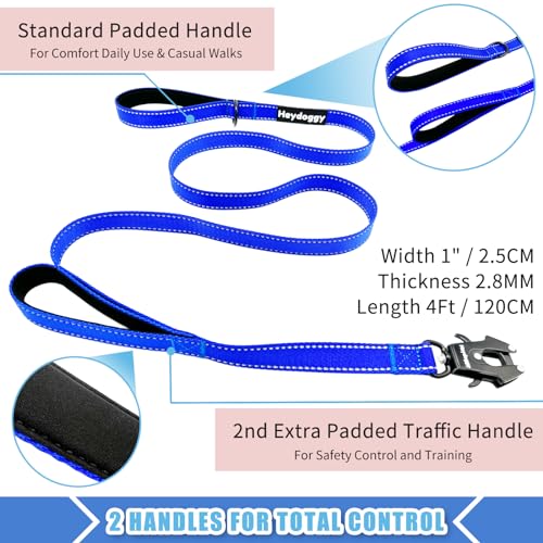 Strong Heavy Duty Dog Leash - 4ft Reflective Nylon Training Leash with Soft Padded Double Handle & Auto Lock Frog Clip - Safety Traffic Control for Large Medium Small Dogs No Pull Walk Dark Blue,4ft - color: Dark Blue, size: 4FT x 1" x 2.8MM