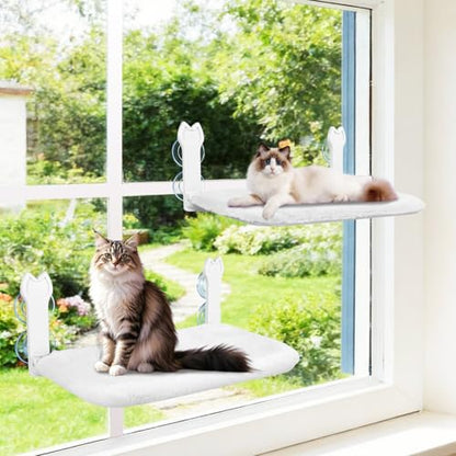 2 Pack Cat Window Perch,Cat Window Hammock Cordless Foldable Window Bed with 4 Large Strong Suction Cup,Reversible Cushion Cover,Metal Frame Easy to Adjust Window Seat Holds up to 40lbs(White