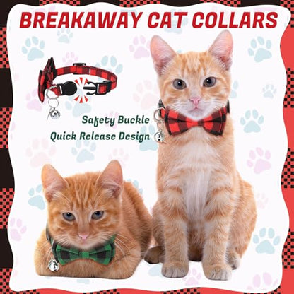 6 Pack Breakaway Cat Collars with Bow Tie and Bell Classic Plaid Kitten Cat Collars Adjustable Cat Bowtie Collar with Pendants for Girl Boy Kitten Cats
