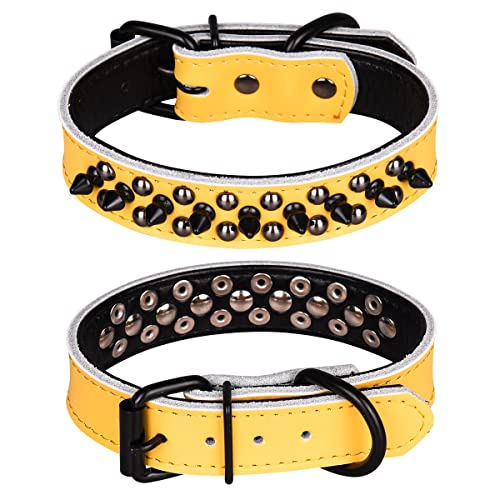 Spiked Studded Dog Collar, Soft Genuine Leather Dog Collar, Adjustable Dog Collars for Small Medium Large Dogs Breeds Pit Bull (S fit Neck 10.5-13", Yellow1) - color: Yellow1, size: S fit Neck 10.5-13"