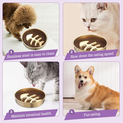 Golden Stainless Steel Slow Feeder Dog Bowls – Non-Slip Metal Dog Bowl for Large & Medium Breeds, Puppy Puzzle Feeder – 2 Cup Capacity for Small to Big Pets – Durable Slow Feed Dog & Cat Food Dish - color: Fishbone-Golden