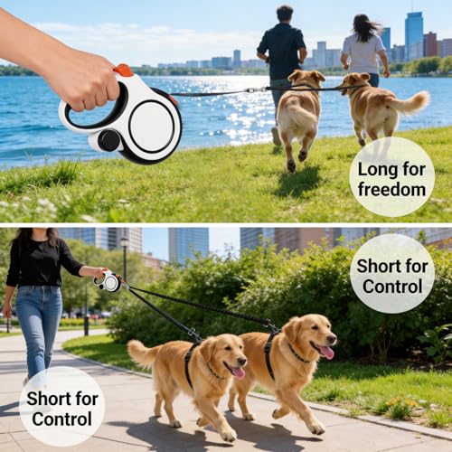 Dual Retractable Dog Leash 2 Large Dogs (Up to 66 Lbs Each), 2 Headed Pet Leash with Poop Bags, 16ft/5m Extension, Non-Slip Grip, One-Button Break & Lock, 360-degree Tangle-Free (White, Medium) - color: White, size: Medium