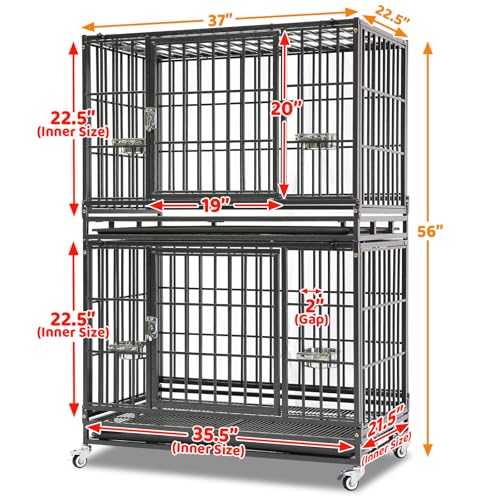 Homey Pet 37 Inch Heavy Duty Dog Crate Indestructible, Collapsible Dog Cage with Lockable Wheels, Removable Tray, High Anxiety Dog Kennel Indoor, Two Tiers Stackable Dog Crates for Medium Dogs - size: 37"L - 2 Tiers