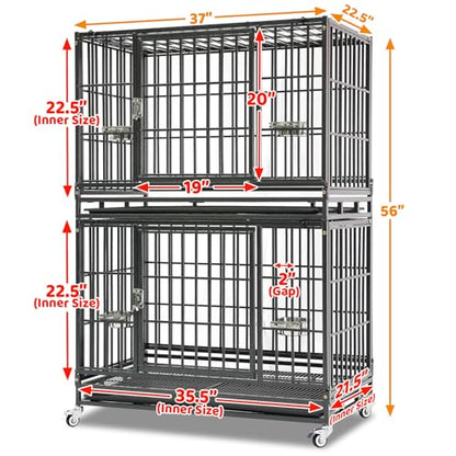 Homey Pet 37 Inch Heavy Duty Dog Crate Indestructible, Collapsible Dog Cage with Lockable Wheels, Removable Tray, High Anxiety Dog Kennel Indoor, Two Tiers Stackable Dog Crates for Medium Dogs - size: 37"L - 2 Tiers