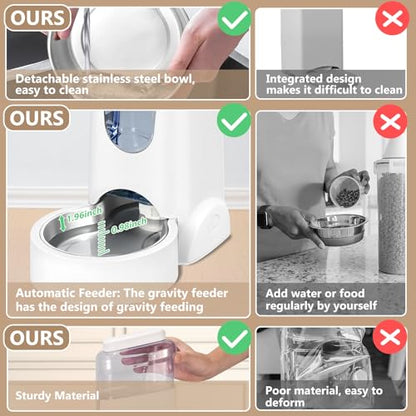 Automatic Cat Feeder and Water Dispenser with Stainless Steel Bowl Dog Gravity Food Feeder and Waterer for Small Medium Pets Puppy Kitten 1 Gallon x 2 - color: White（3.8L*2）