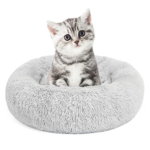 MIXJOY Calming Cat Beds for Indoor Cats, 20'' Kitten Donut Bed for Pet Up to 15lbs, Fluffy Small Cat Cuddler Bed, Anti-Anxiety Plush Faux Fur Large Cat Bed Washable (20'', Grey) - color: Grey, size: XS(20’’x 20’’)