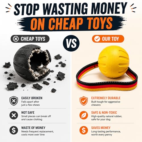 Indestructible Dog Ball with Strap, Heavy Duty Rubber Tug Toy for Aggressive Chewers, Floating Fetch Toy for Medium & Large Dogs(Large) - size: Large
