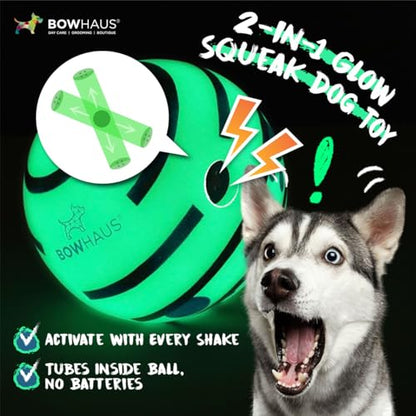 BOWHAUS Giggle Glow in The Dark Ball for Dogs, 5.5 Inch Interactive Dog Exercise Toys, Indestructible Fun Squeaky Chew Toy, Non-Toxic Durable PVC Chew Ball for Indoor Outdoor Play - style: Glowing Ball