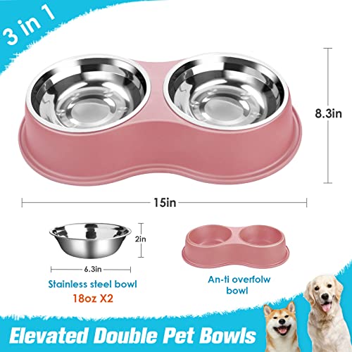 Epetslove Dog Bowls Double Dog Water and Food Bowls Stainless Steel Bowls with Non-Slip Resin Station, Pet Feeder Bowls for Puppy Medium Dogs Cats - color: 3.Pink, size: Medium-18oz