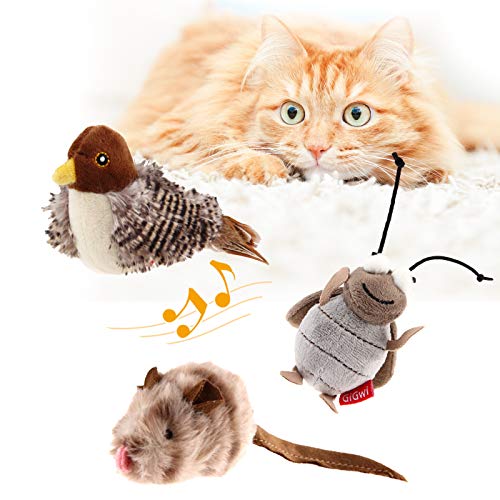Gigwi Interactive Toy Set for Indoor Cats - 3PCS Plush Pack Including Squeaky Feather, Mouse Hunt, Chase Bird, and Chirping Cricket Toys - color: Bird+Mouse+Cricket, size: Squeaky