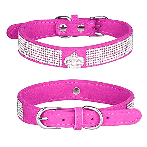 Rhinestone Dog Collar, Cute Dazzling Sparkling Soft Suede Leather Adjustable Pet Dog Cat Collar Crystal Diamond for Puppy Small Medium Large Dogs (XS:21 - 27 cm, Hot Pink-3) - color: Hot Pink-3, size: XS:21 - 27 cm