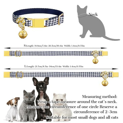 Personalized Breakaway Cat Collars - Magnetic Buckle, Bell - Safety Quick Release, Customized for Girls & Boys Cats- (Houndstooth-Navy) - color: Houndstooth-Navy