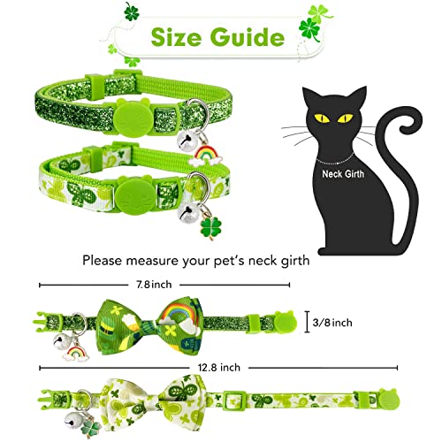 2 Pack St. Patrick's Cat Collar with Bow Tie and Bell, Kitty Kitten Breakaway Lucky Irish Shamrock Collar for Girls and Boys Male Female Cats (The Lucky One)