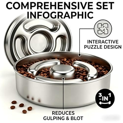 AIPERRO Slow Feeder Dog Bowl Stainless Steel, 2 Cups Metal Non-Slip Dog Food Bowls, Dogs Water Bowl for Small & Medium Sized Dogs, Fun Bloat Stop Pet Bowl for Fast Eaters, Slows Down Pets Eating - size: 2 Cups/ 1.6" Deep (Max 4Cups)