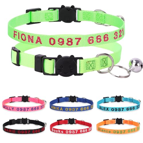 Personalized Cat Collars, Embroidered with Pet Name and Phone Number, Adjustable Nylon Breakaway Safety Release Buckle ID Collar,Custom Text with Bell for Cat or Kitten,Grass Green - color: Grass Green