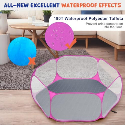 Pawaboo Small Animals Playpen with Pad, Waterproof Small Pet Cage Tent with Reusable Pad, Portable Outdoor Yard Fence for Chick/Kitten/Puppy/Guinea Pig/Rabbits/Chinchillas, Pink + Gray - color: Pink + Gray