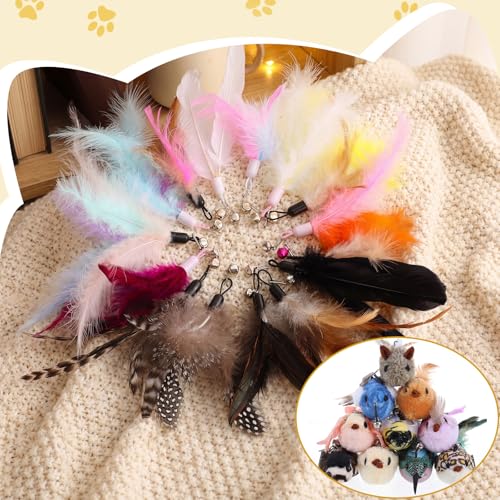 Leitee 30 Pcs Cat Toy Refills Cat Feather Wand Replacement Simulation Bird Insect Mice Toys for Interactive Indoor Outdoor Kitten