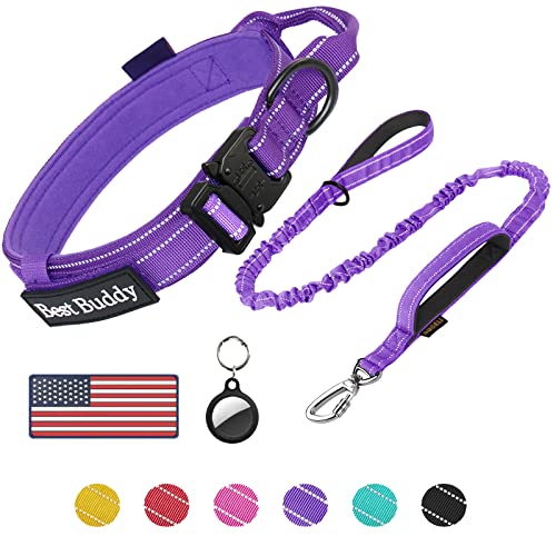 AUBELL Tactical Dog Collar and Leash Set, Reflective Adjustable Heavy Duty Military K9 Collars with Handle and Metal Buckle for Medium Dogs, with Airtag Case and 2 Patches(Purple,M) - color: Purple Set, size: M(13.5"-17")