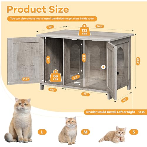 Shintenchi Cat Litter Box Enclosure, Litter Box Furniture Cabinet Hidden with Removable Divider, Wooden Cat House with End Table, Light Grey Oak, 31.5 inch - color: Light Grey Oak