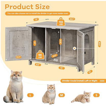 Shintenchi Cat Litter Box Enclosure, Litter Box Furniture Cabinet Hidden with Removable Divider, Wooden Cat House with End Table, Light Grey Oak, 31.5 inch - color: Light Grey Oak