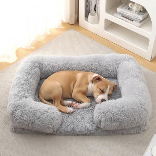 Orthopedic Dog Bed for Medium Dogs - Washable Memory Foam Pet Sofa, Fluffy Plush Rectangular Bed, Waterproof Anti-Anxiety Couch, Light Gray, M - color: Light Gray, size: 22"L x 18"W x 5"Th