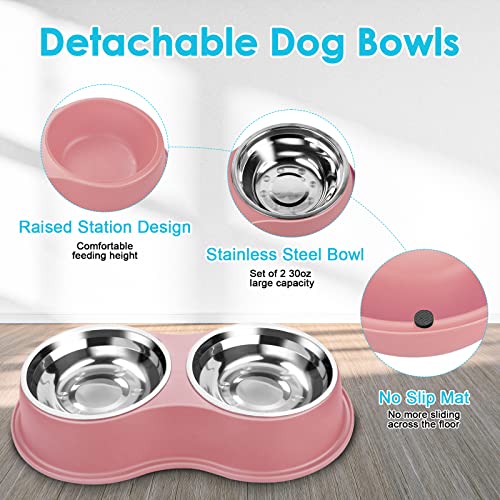 Epetslove Dog Bowls Large Double Dog Water and Food Bowls Stainless Steel Bowls with Non-Slip Resin Station, Pet Feeder Bowls Food Dish for Small Medium Large Dogs Cats - color: 5.Pink, size: Large-34oz