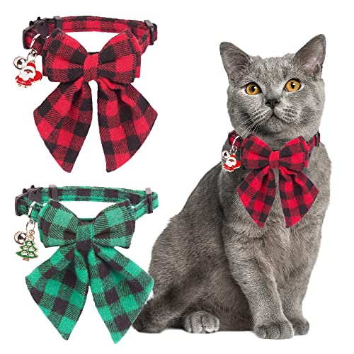 ADOGGYGO Christmas Cat Collars Breakaway with Bowtie, 2 Pack Red Green Plaid Xmas Kitten Collar with Removable Bow Bell Christmas Collar for Cats Kittens - color: Red&Green-2