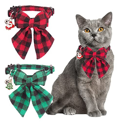 ADOGGYGO Christmas Cat Collars Breakaway with Bowtie, 2 Pack Red Green Plaid Xmas Kitten Collar with Removable Bow Bell Christmas Collar for Cats Kittens - color: Red&Green-2
