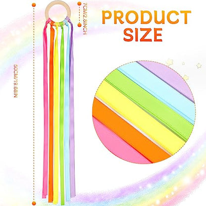 Sumind 6 Pcs Rainbow Ribbon Hand Kites Wands for Kids Dancer Streamer String Toy Thrown Waldorf Wand with Wooden Ring Wand Learning Educational(Fresh Colors) - style: Fresh Colors