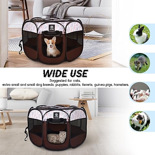 Elevon Portable Pet Playpen, Dog Playpen Outdoor Tent Kennel, Water-Resistant Cat Kitten Playpen with Carrying Case Collapsible Travel Bowl, Foldable Puppy Playpen Crate with Removable Shade Cover - color: Brown