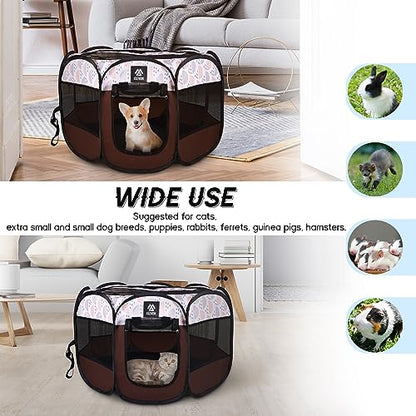 Elevon Portable Pet Playpen, Dog Playpen Outdoor Tent Kennel, Water-Resistant Cat Kitten Playpen with Carrying Case Collapsible Travel Bowl, Foldable Puppy Playpen Crate with Removable Shade Cover - color: Brown