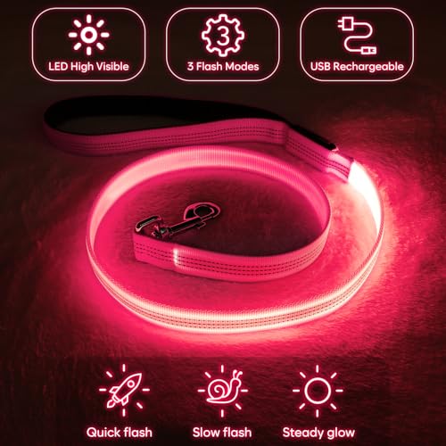 Colaseeme Light Up Dog Leash, LED Pet Leashes USB Rechargeable, Glow Safety Dogs Lights at Night (4FT,Pink) - color: Pink, size: 4FT
