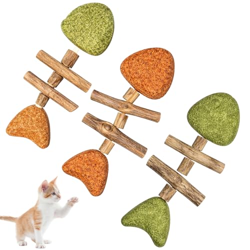Cat Chew Toy, Interactive Cat Toy with Catnip, Dental Care for Cats, Teething Toy for Indoor Cats, 3-Pack Fish Bone Shape in Mixed Flavors 16x6 cm