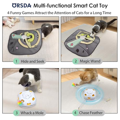 ORSDA 4 in 1 Interactive Cat Toys - Automatic Cat Toys for Indoor Cats & Kittens, 8 Holes Mice Whack-A-Mole, Hide and Seek Smart Motion with 5PCS DIY Replacement Refills