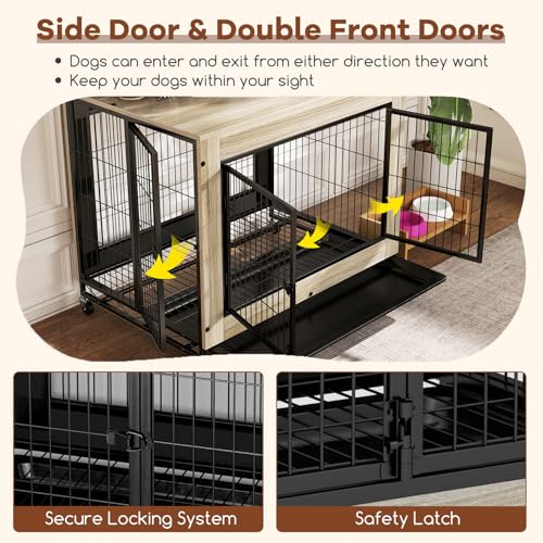 PETSITE Portable Dog Crate Furniture, 38 Inch Wooden Dog Kennel Side Table with Flip-up Top, 3 Lockable Doors and Removable Tray, Ideal for Small to Medium Dogs (Grey) - color: Grey