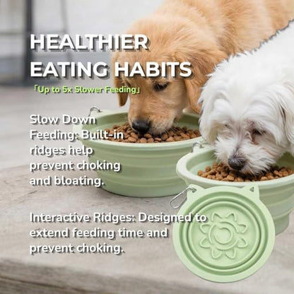 Collapsible Dog Bowls 2 Pack (650ml Each) – Foldable Silicone Travel Bowl Set with Slow Feeder, Water Bowl & Carabiner Clip for Hiking Camping | Dishwasher Safe | for Medium to Large Dogs