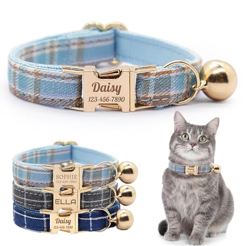 Personalized Plaid Cat Collar with Bell - Non-Breakaway Custom Polyester Kitten Collar with Engraved Name & Phone Number (Pattern 04, L (7.5-12.5 Inches)) - color: Pattern 04, size: L (7.5-12.5 Inches)