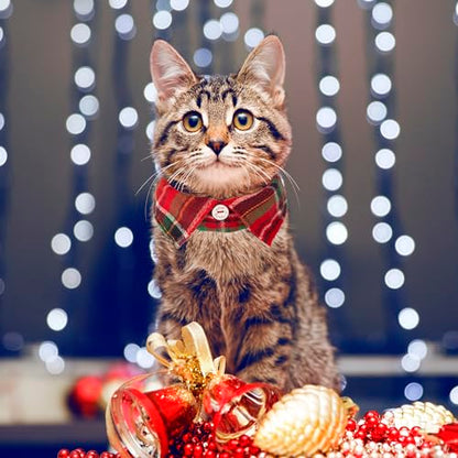ADOGGYGO Christmas Cat Collars Breakaway with Bow Bell, 2 Pack Stylish Red Green Plaid Xmas Kitten Collar with Removable Shirt Collar, Plaid Christmas Collars for Cats Kittens - color: Christmas-3