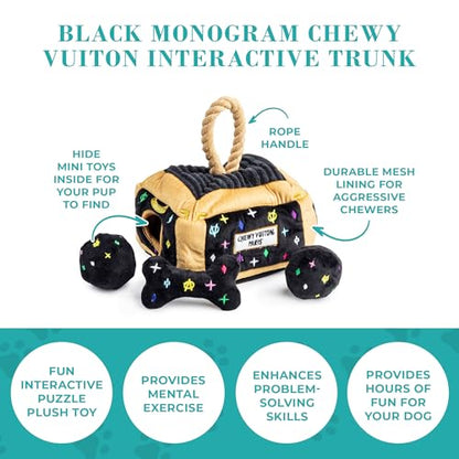 Haute Diggity Dog Chewy Vuiton Trunk Puzzle with 3 Plush Squeaky Dog Toys, Soft Durable Designer-Inspired Stuffed Puppy Chew Toys for Small & Medium Dogs, Machine-Washable (Black Monogram) One Size - color: Black Trunk, size: One Size