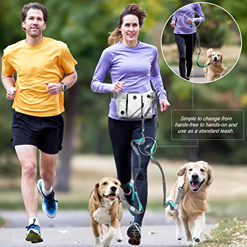 SHINE HAI Retractable Hands Free Dog Leash with Dual Bungees for 2 Dogs, Adjustable Waist Belt, Reflective Stitching Leash for Running Walking Hiking Jogging Biking Black - Gray - color: Gray