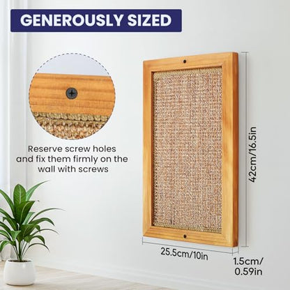 Wooden Sisal Cats Wall Scratcher, Floor or Wall Mounted Cat Scratching Mat, Durable Cat Scratch Pads for Indoor Cats, Framed Sisal Scratch Pad Mat, Wall Cat Scratching Post for Furniture Protector - size: Large