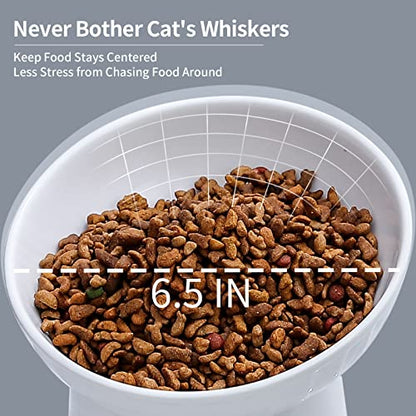 6.5 Inch Extra Wide Ceramic Raised Cat Bowl Set, Tilted Elevated Cat Bowls for Food and Water, Prevent Whisker Fatigue, Stress Free, Less Vomiting, Protect Spine, White & Grey - color: White & Grey