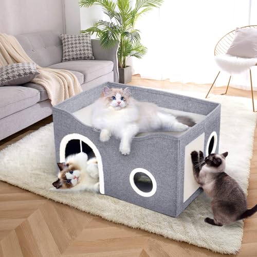 Heeyoo Cat House for Indoor Cats - Large Cat Bed Cave with Fluffy Ball and Scratch Pad, Foldable Cats Houses & Condos, Cat Hideaway, Covered Kitty Bed for Multi Small Large Kitty, 23.8x15.9x13.2 Inch - style: Without heat pad