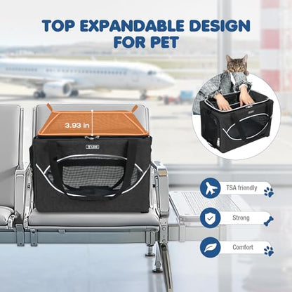 Top-Expandable Pet Carrier 18x11x11Inch Delta American United Airline Approved Underseat to 15lbs Stable Car Travel Carriers for Small Dogs Cats with Locking Safety Zippers Anti-Scratch Mesh - color: Black, size: 18"x11"x11"