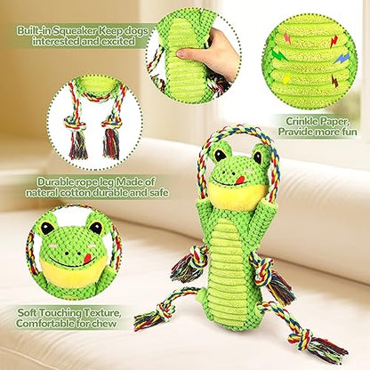 Letsmeet Plush Dog Toy with Crinkle Paper and Ropes - Small Interactive Puppy Toys for Medium to Large Dogs - color: Green