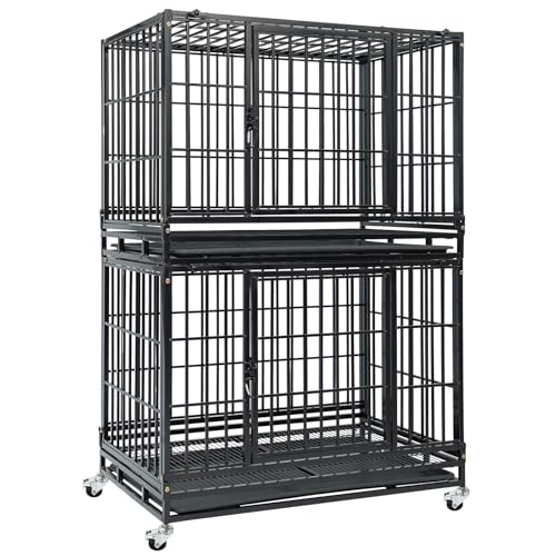 Two Levels 36 Inch Stackable Heavy Duty Dog Crate Cage Medium Sized Dog with Top Access, Basic Dog Crates for Small Medium Dogs 2 Door Dog Kennel Indoor with Tray and Wheels - size: 36 Inch-2 Pack