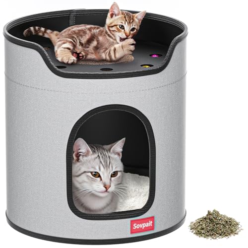 Cat House for Indoor Cats Large Double Cat Beds Cave with Cat Scratcher Pad Toys w/Catnip,Soft Washable Cushion Cat House Shelter D15xH15in Grey (Cardboard Cat Scratcher) - color: Gray, size: Cardboard Cat Scratcher