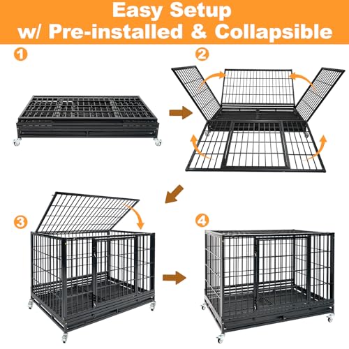 Homey Pet Heavy Duty Dog Crate for Large Dogs, 47 Inch Stackable Large Dog Cage with 4 Wheels, 2 Removable Trays and Grids, Multi Locks Strong & Solid Escape Proof Dog Kennel Indoor - size: 46.5"L x 28.5"W x 35"H